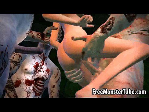 Hot 3D babe getting fucked hard by three zombies - 3 min 25